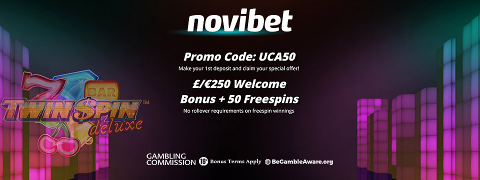 Novibet Casino: 100% up to £250 + 50 Bonus Spins – No Wagering!